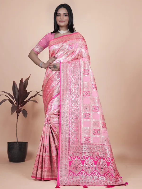 Baby_Pink_Banarasi_Silk_Saree_With_Rich_Silver_Zari_Detailing_For_Women