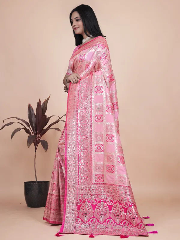 Baby_Pink_Banarasi_Silk_Saree_With_Rich_Silver_Zari_Detailing_For_Women