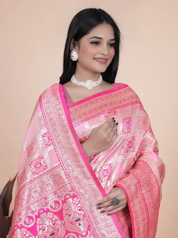 Baby_Pink_Banarasi_Silk_Saree_With_Rich_Silver_Zari_Detailing_For_Women