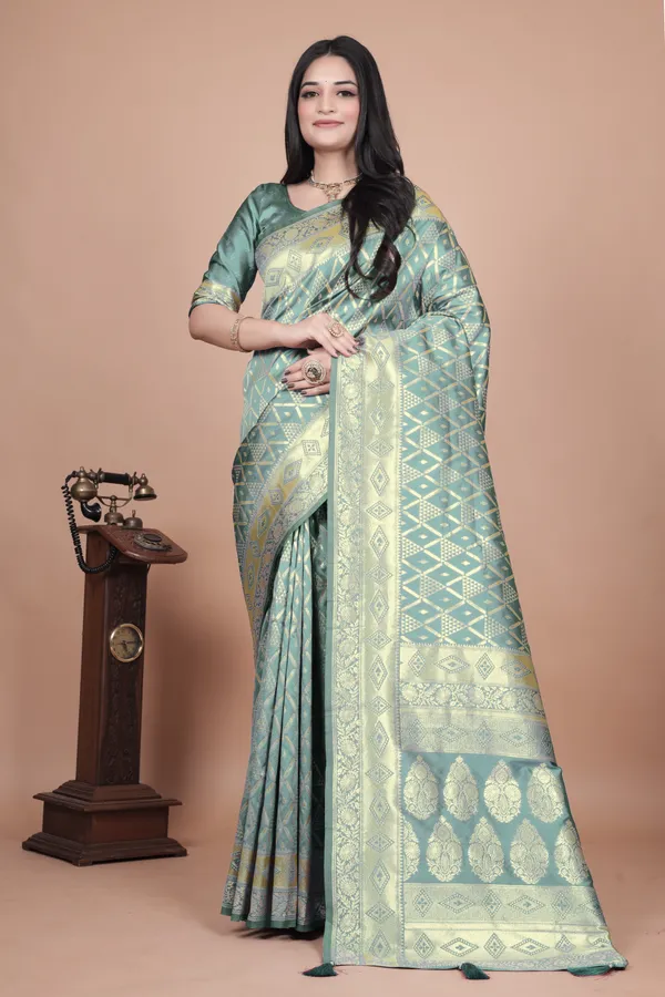 Pastel_Green_Banarasi_Silk_Saree_With_Golden_Zari_Geometric_&_Floral_Weaves_For_Women