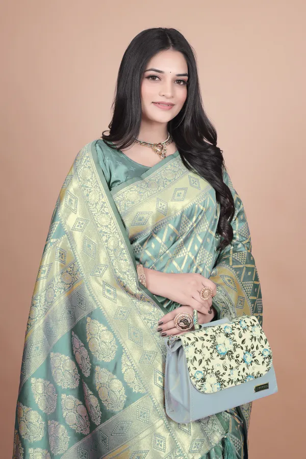 Pastel_Green_Banarasi_Silk_Saree_With_Golden_Zari_Geometric_&_Floral_Weaves_For_Women