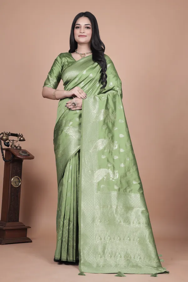 Lime_Green_Banarasi_Silk_Saree_With_Intricate_Zari_Peacock_Motifs__For_Women