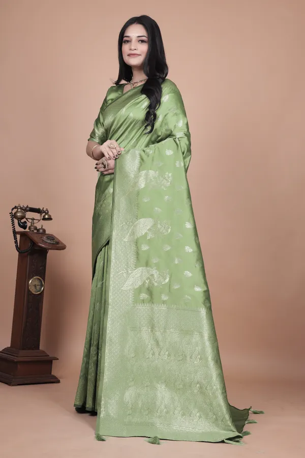 Lime_Green_Banarasi_Silk_Saree_With_Intricate_Zari_Peacock_Motifs__For_Women