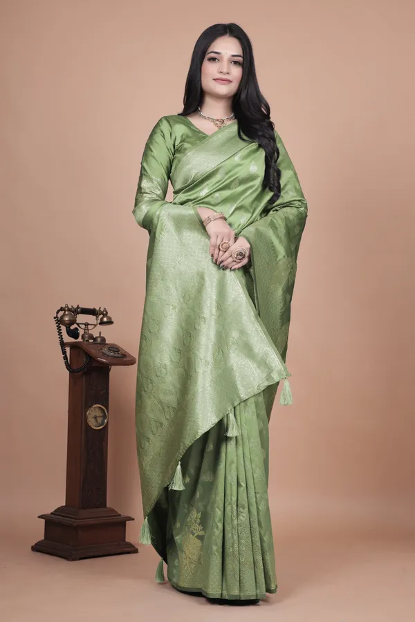 Lime_Green_Banarasi_Silk_Saree_With_Intricate_Zari_Peacock_Motifs__For_Women