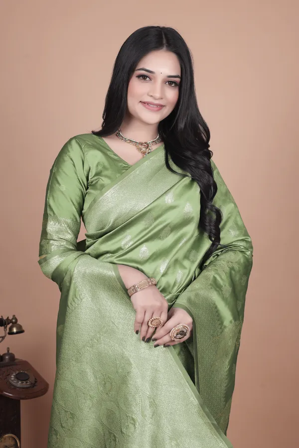 Lime_Green_Banarasi_Silk_Saree_With_Intricate_Zari_Peacock_Motifs__For_Women