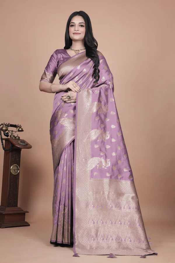Lavender_Banarasi_Silk_Saree_With_Golden_Zari_Weaving__For_Women