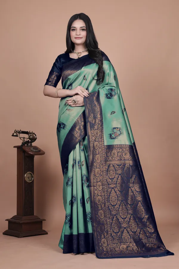 Sea_Green_&_Navy_Blue_Banarasi_Silk_Saree_With_Zari_Embellishment_For_Women