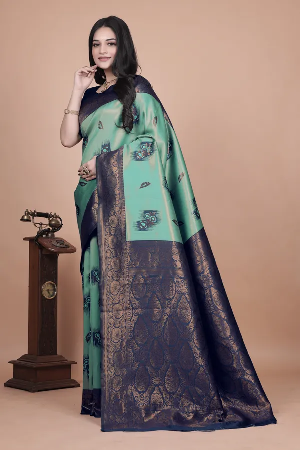 Sea_Green_&_Navy_Blue_Banarasi_Silk_Saree_With_Zari_Embellishment_For_Women