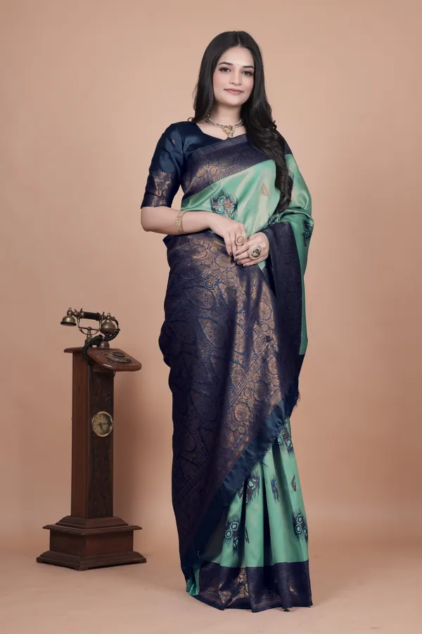 Sea_Green_&_Navy_Blue_Banarasi_Silk_Saree_With_Zari_Embellishment_For_Women