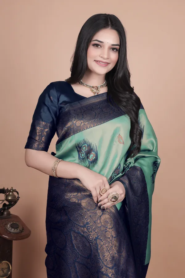 Sea_Green_&_Navy_Blue_Banarasi_Silk_Saree_With_Zari_Embellishment_For_Women