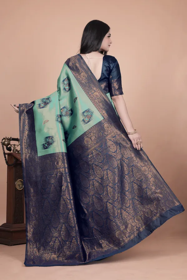 Sea_Green_&_Navy_Blue_Banarasi_Silk_Saree_With_Zari_Embellishment_For_Women