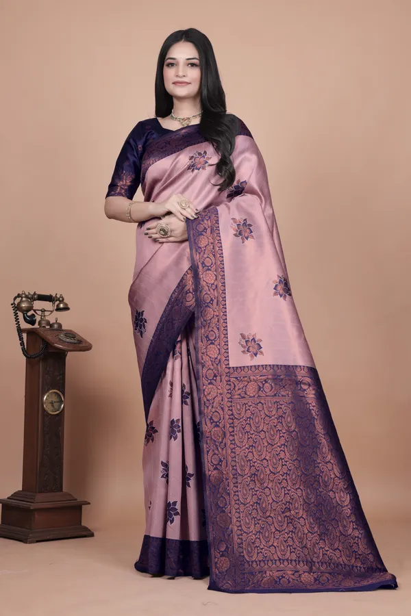 Lavender_Pink_Elegant_Silk_Saree_With_Navy_Blue_Zari_Border_&_Floral_Motifs_For_Women