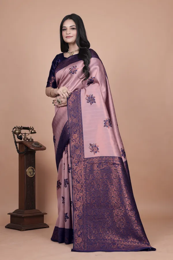 Lavender_Pink_Elegant_Silk_Saree_With_Navy_Blue_Zari_Border_&_Floral_Motifs_For_Women