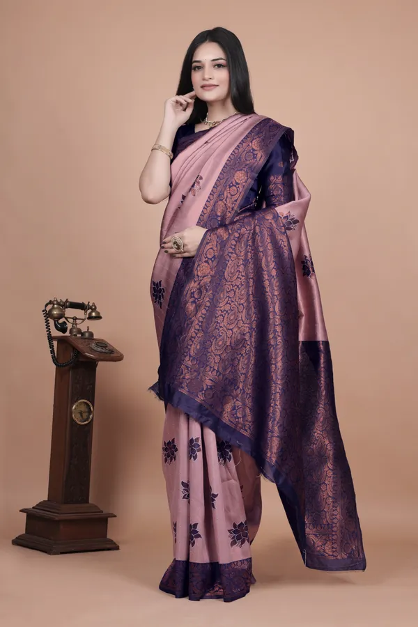 Lavender_Pink_Elegant_Silk_Saree_With_Navy_Blue_Zari_Border_&_Floral_Motifs_For_Women