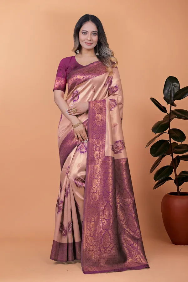 Beige_&_Plum_Zari_Woven_Banarasi_Silk_Saree_For_Women
