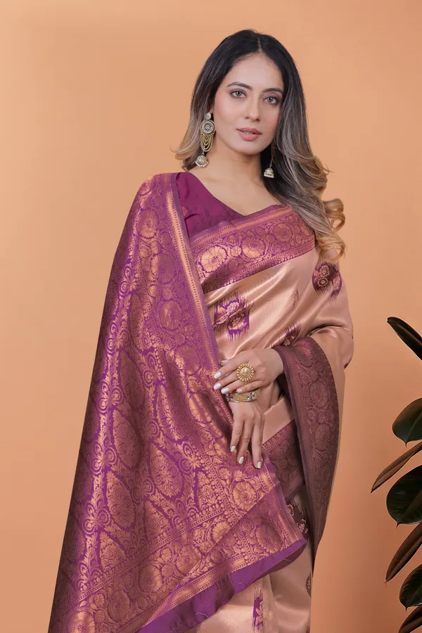 Beige_&_Plum_Zari_Woven_Banarasi_Silk_Saree_For_Women