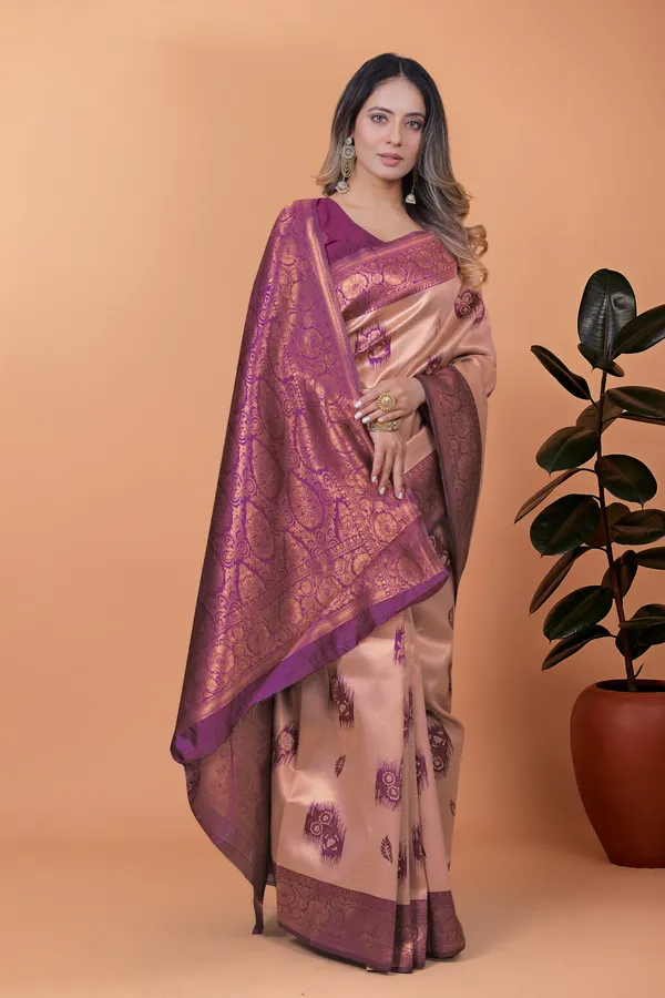 Beige_&_Plum_Zari_Woven_Banarasi_Silk_Saree_For_Women