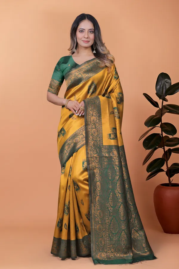 Mustard_Yellow_&_Green_Banarasi_Silk_Saree_With_Zari_Weaving_For_Women