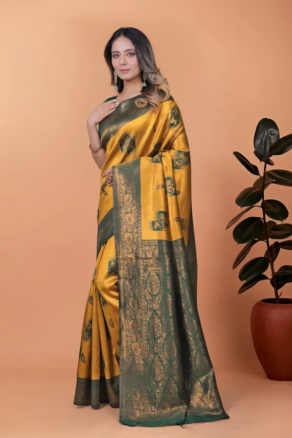 Mustard_Yellow_&_Green_Banarasi_Silk_Saree_With_Zari_Weaving_For_Women