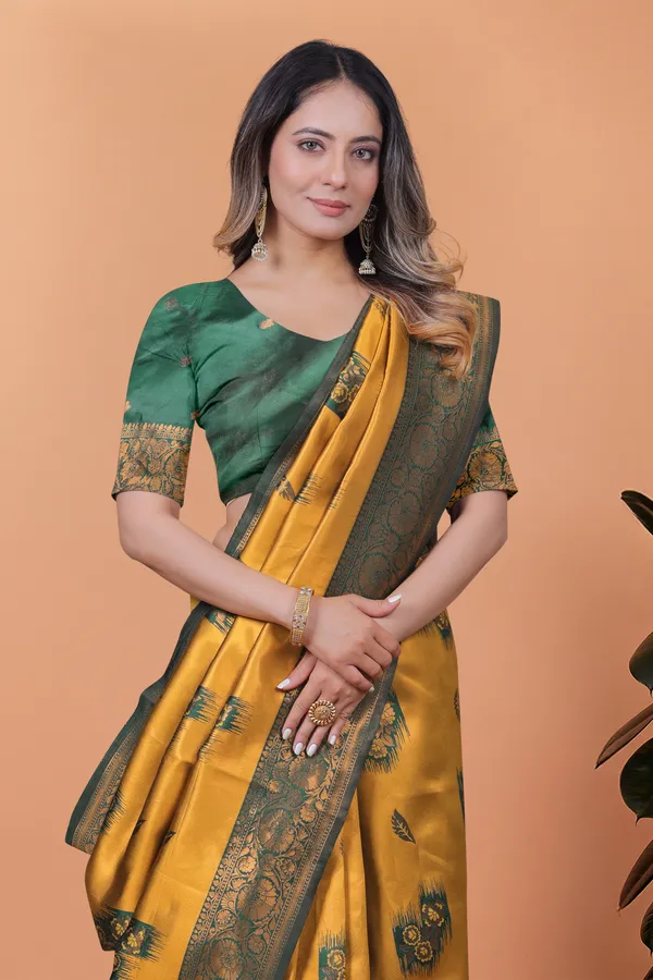 Mustard_Yellow_&_Green_Banarasi_Silk_Saree_With_Zari_Weaving_For_Women