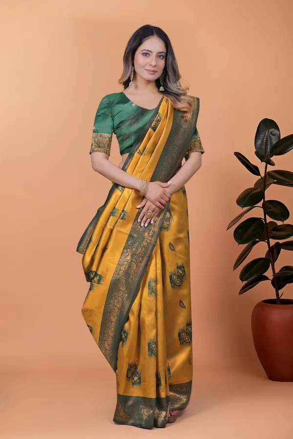 Mustard_Yellow_&_Green_Banarasi_Silk_Saree_With_Zari_Weaving_For_Women
