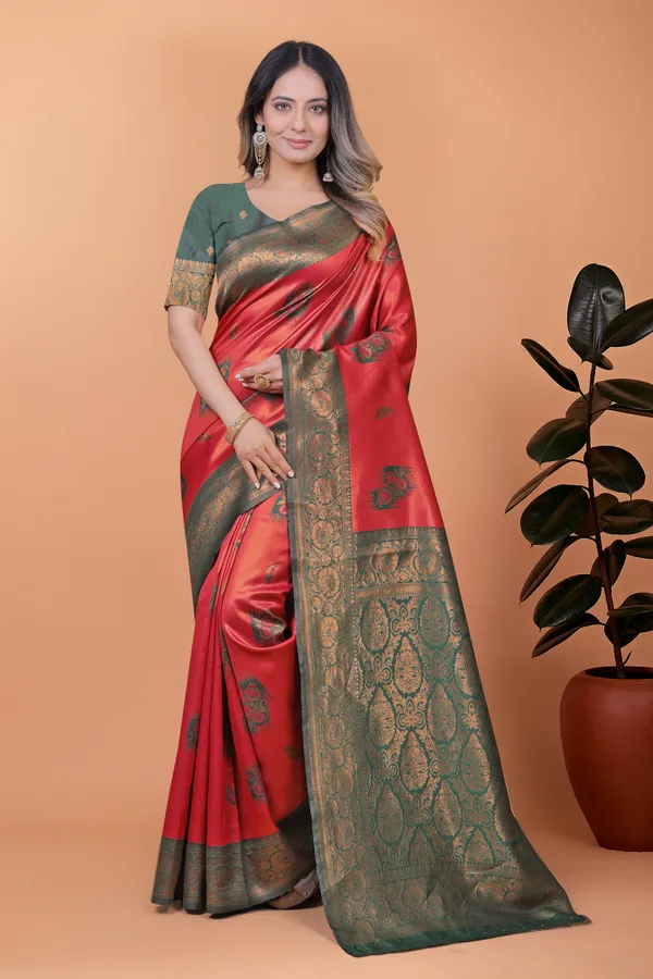 Red_&_Bottle_Green_Banarasi_Silk_Saree_With_Antique_Zari_Weaving_For_Women