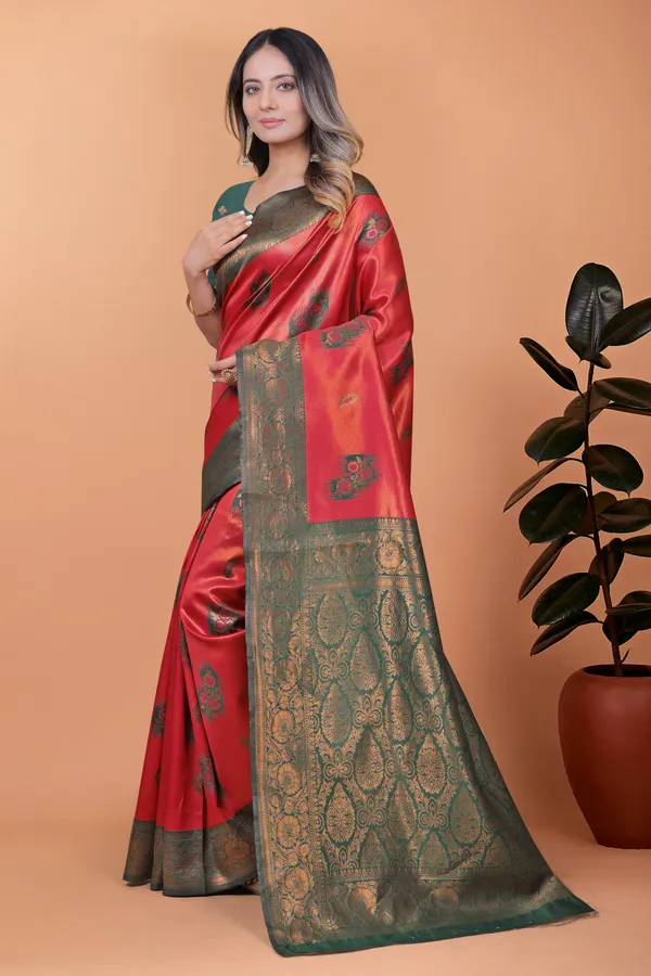 Red_&_Bottle_Green_Banarasi_Silk_Saree_With_Antique_Zari_Weaving_For_Women