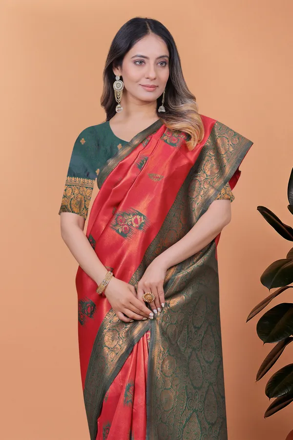 Red_&_Bottle_Green_Banarasi_Silk_Saree_With_Antique_Zari_Weaving_For_Women