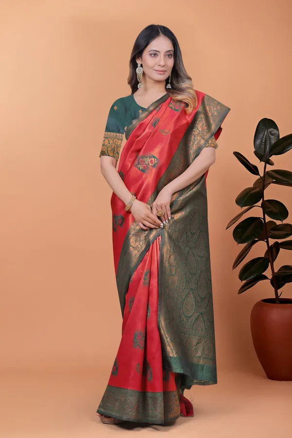 Red_&_Bottle_Green_Banarasi_Silk_Saree_With_Antique_Zari_Weaving_For_Women