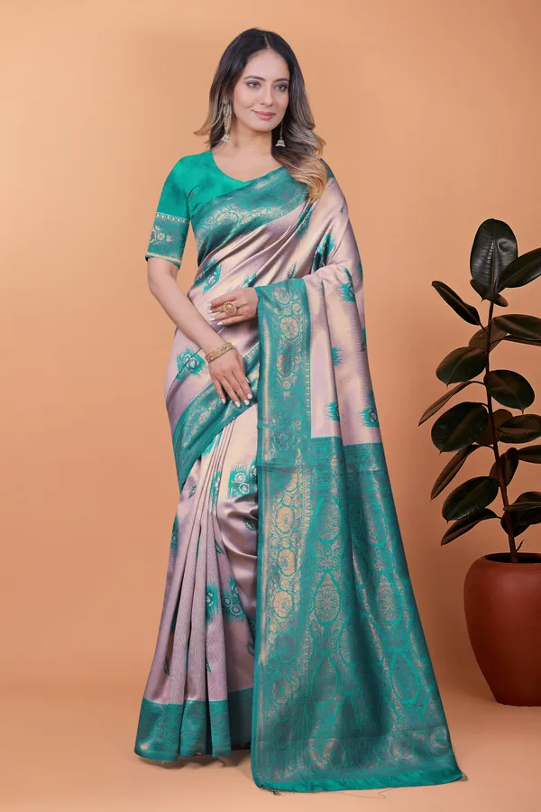 Light_Lavender_&_Teal_Green_Banarasi_Silk_Saree_With_Zari_Detailing_For_Women