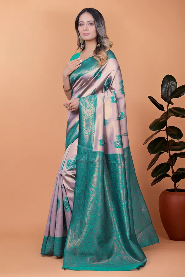 Light_Lavender_&_Teal_Green_Banarasi_Silk_Saree_With_Zari_Detailing_For_Women