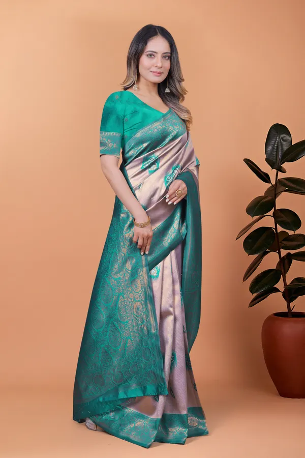 Light_Lavender_&_Teal_Green_Banarasi_Silk_Saree_With_Zari_Detailing_For_Women
