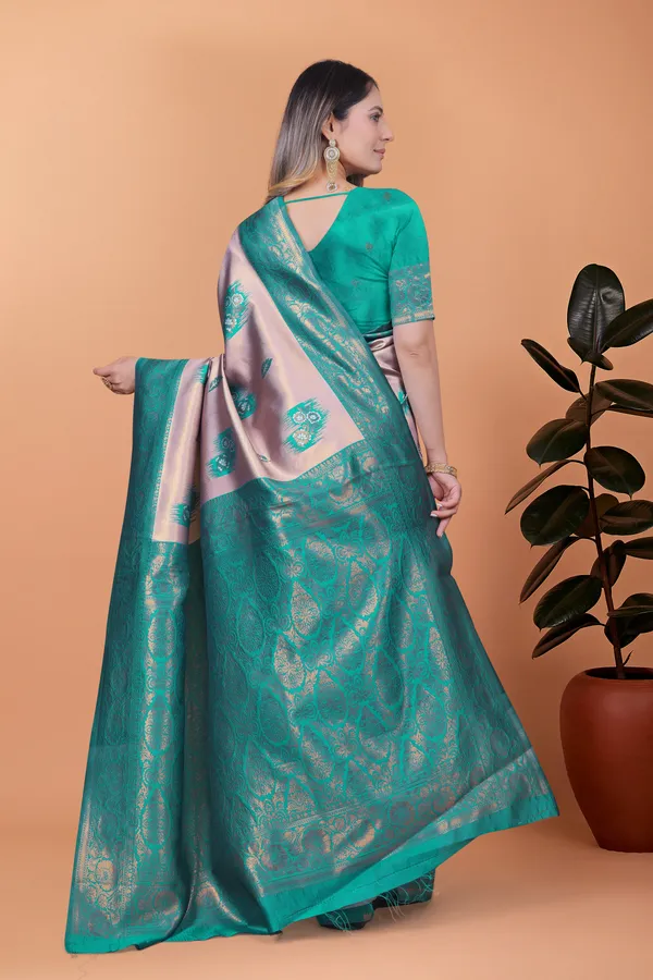 Light_Lavender_&_Teal_Green_Banarasi_Silk_Saree_With_Zari_Detailing_For_Women