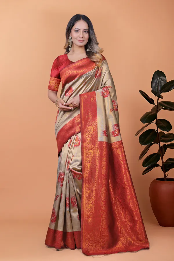 Beige_Gold_Elegant_Banarasi_Silk_Saree_With_Rich_Zari_Work_And_Contrast_Blouse_Piece_For_Women