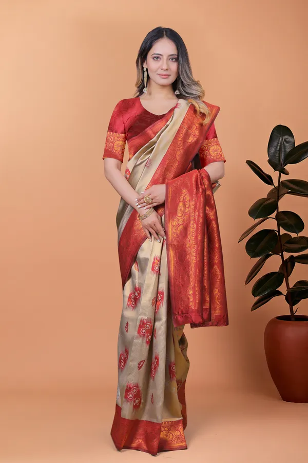 Beige_Gold_Elegant_Banarasi_Silk_Saree_With_Rich_Zari_Work_And_Contrast_Blouse_Piece_For_Women