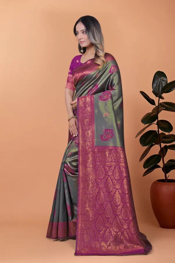 Grey_&_Green_Graceful_Banarasi_Silk_Saree_In_With_Magenta_Zari_Border_&_Blouse_Piece