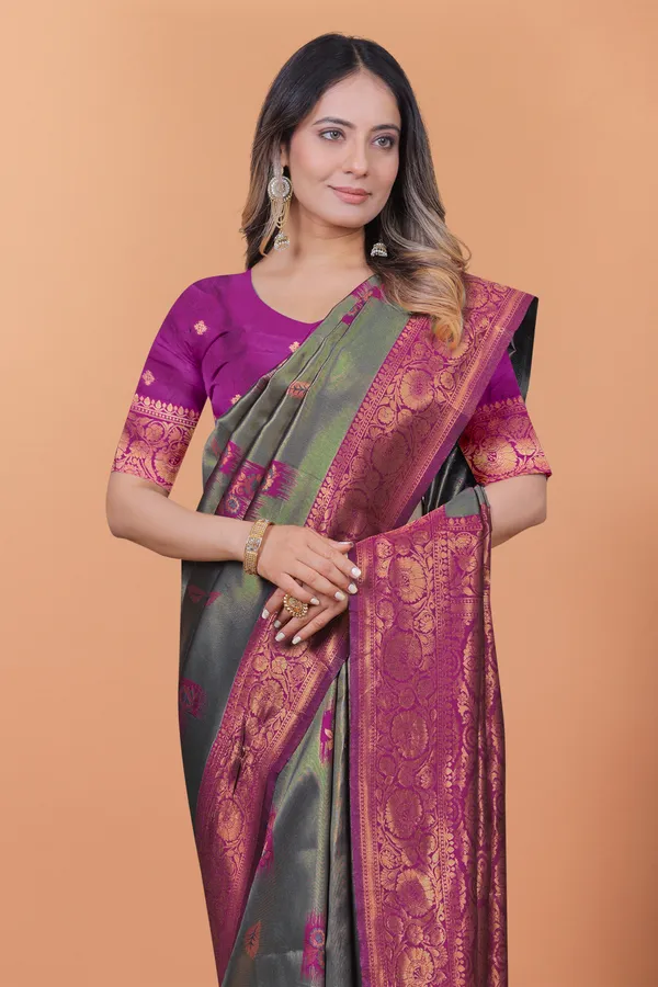 Grey_&_Green_Graceful_Banarasi_Silk_Saree_In_With_Magenta_Zari_Border_&_Blouse_Piece