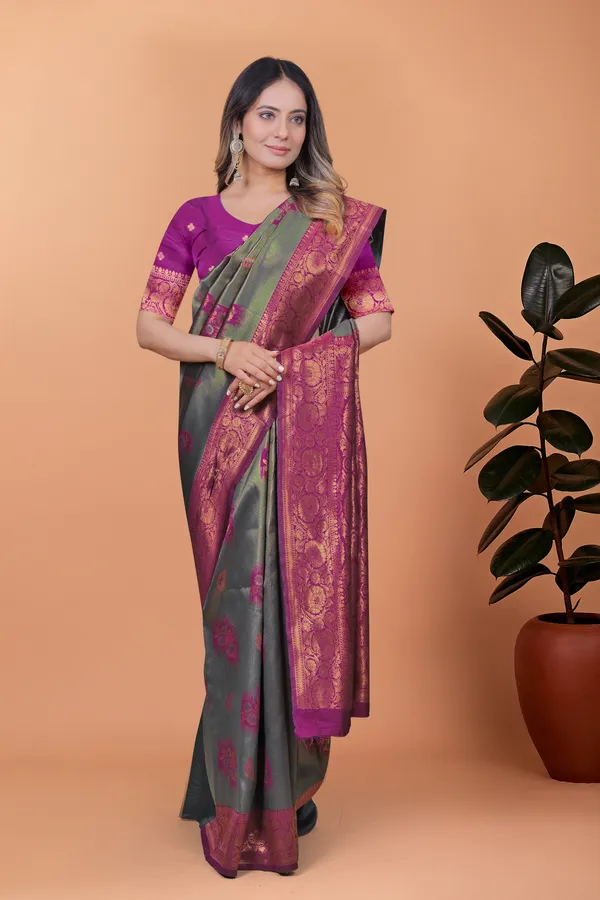 Grey_&_Green_Graceful_Banarasi_Silk_Saree_In_With_Magenta_Zari_Border_&_Blouse_Piece