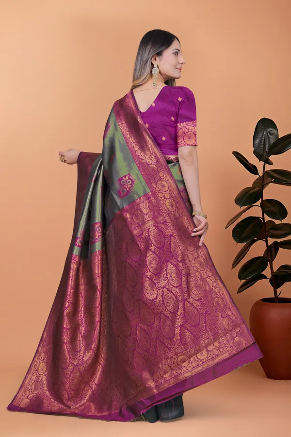 Grey_&_Green_Graceful_Banarasi_Silk_Saree_In_With_Magenta_Zari_Border_&_Blouse_Piece