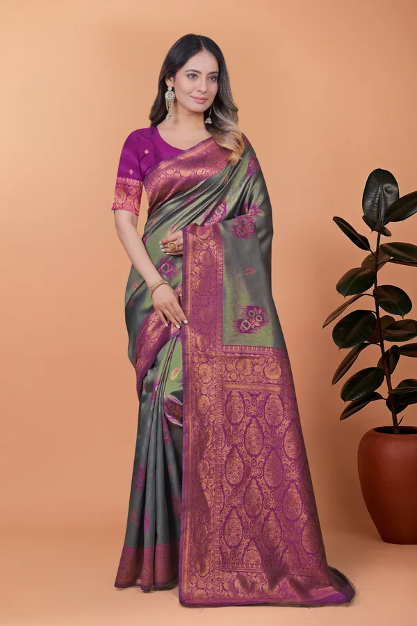 Grey_&_Green_Graceful_Banarasi_Silk_Saree_In_With_Magenta_Zari_Border_&_Blouse_Piece
