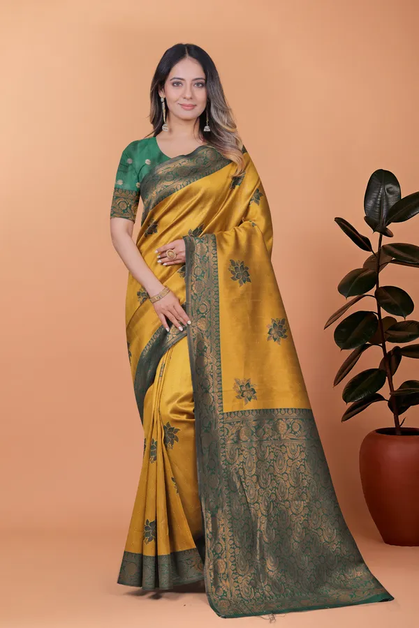 Golden_Mustard_&_Bottle_Green_Banarasi_Silk_Saree_With_Floral_Accents_For_Women