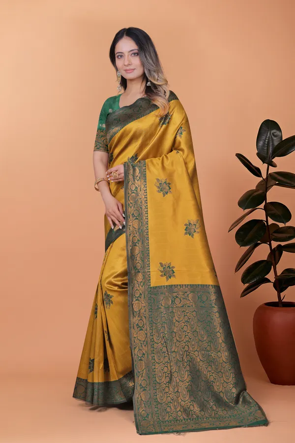 Golden_Mustard_&_Bottle_Green_Banarasi_Silk_Saree_With_Floral_Accents_For_Women