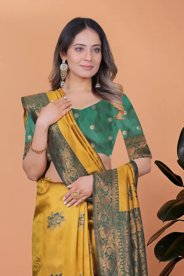 Golden_Mustard_&_Bottle_Green_Banarasi_Silk_Saree_With_Floral_Accents_For_Women