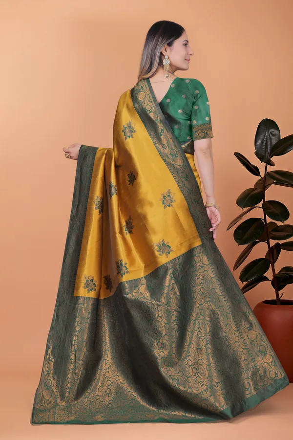 Golden_Mustard_&_Bottle_Green_Banarasi_Silk_Saree_With_Floral_Accents_For_Women
