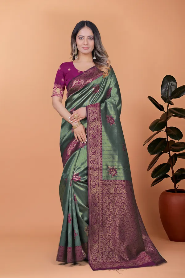 Emerald_Green_Plum_Banarasi_Silk_Saree_With_Floral_Zari_Accents_For_Women