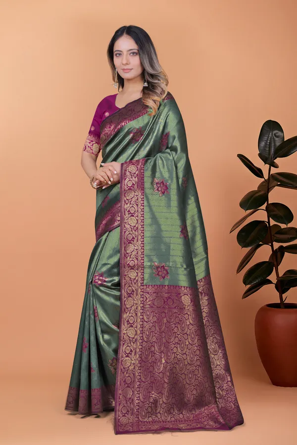 Emerald_Green_Plum_Banarasi_Silk_Saree_With_Floral_Zari_Accents_For_Women