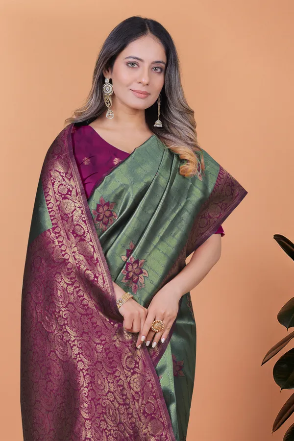 Emerald_Green_Plum_Banarasi_Silk_Saree_With_Floral_Zari_Accents_For_Women