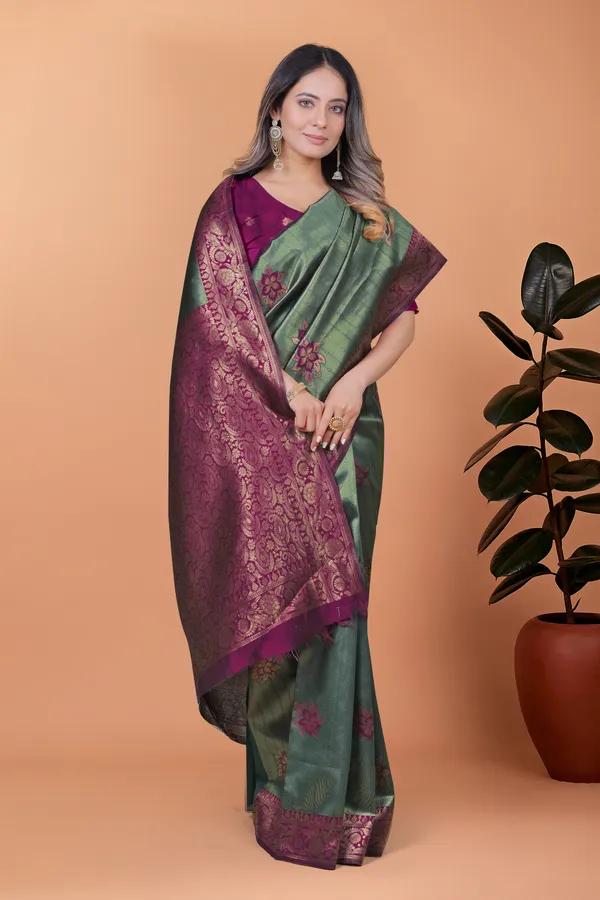 Emerald_Green_Plum_Banarasi_Silk_Saree_With_Floral_Zari_Accents_For_Women