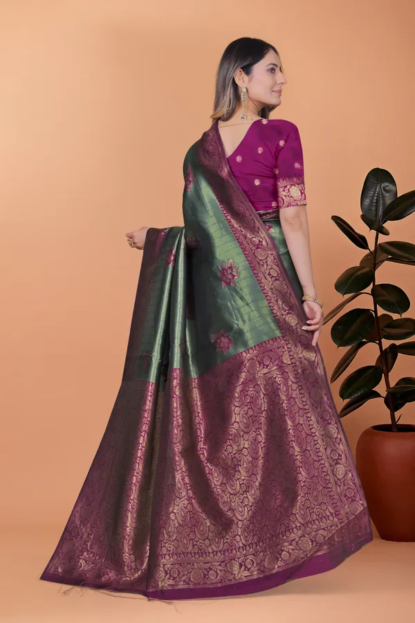 Emerald_Green_Plum_Banarasi_Silk_Saree_With_Floral_Zari_Accents_For_Women