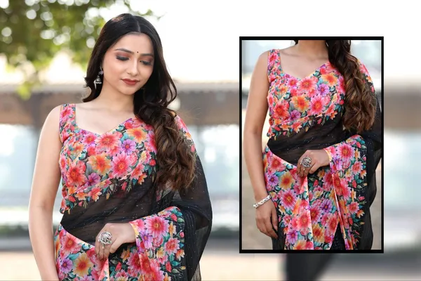 Black_Linen_Urban_Blossom_Modern_Saree_with_Digital_Floral_Design_For_Women